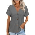 thumbnail image 1 of Wyobmus Summer Button Down Shirt for Women Casual Solid Color Short Sleeve V Neck Tops Front Open Button Cardigan Blouse 2025 Trendy Clothes Gray, 1 of 7