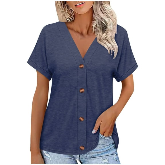 Wyobmus Summer Button Down Shirt for Women Casual Solid Color Short Sleeve V Neck Tops Front Open Button Cardigan Blouse 2025 Trendy Clothes Navy