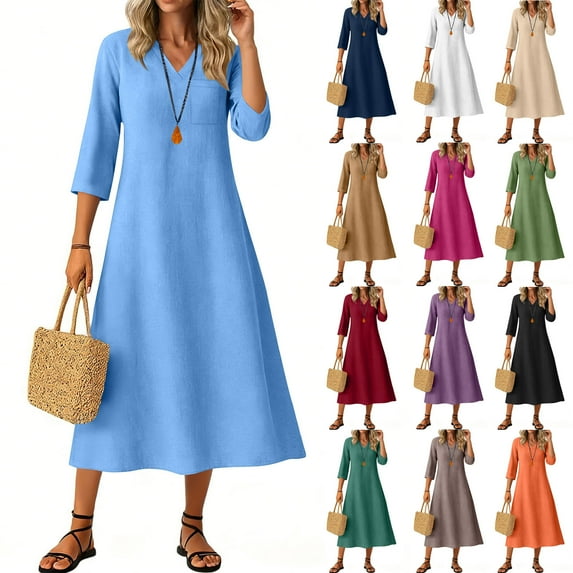 Wyobmus Summer Casual Dresses for Women 3/4 Sleeve Linen Midi Dress Flowy Solid Color Round Neck T-Shirt Dress Burgundy