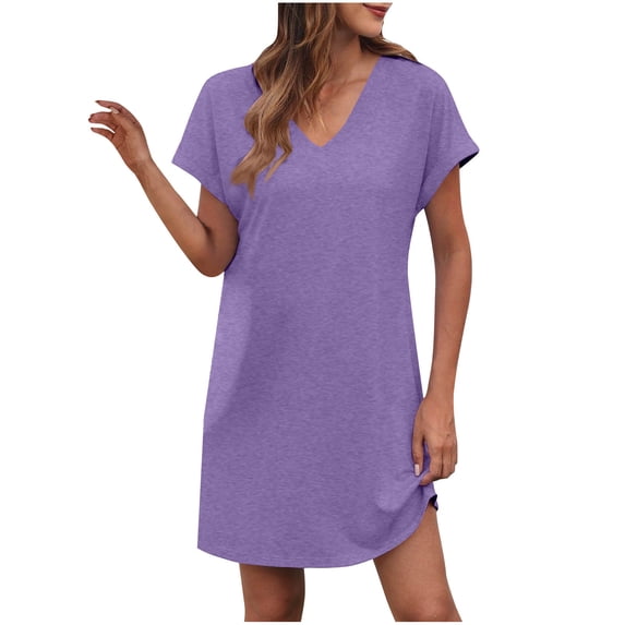 Wyobmus Summer Dresses for Women V Neck Short Sleeve Flowy Tshirt Dress Loose Fit Casual Solid Color Sundress with Pockets A-Purple