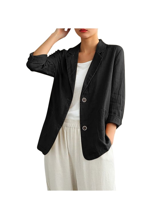 Summer Linen Blazer for Women Lightweight 3/4 Stretchy Ruched Sleeve V Neck Casual 2 Button Blazer Jacket With Pockets M-3X Black