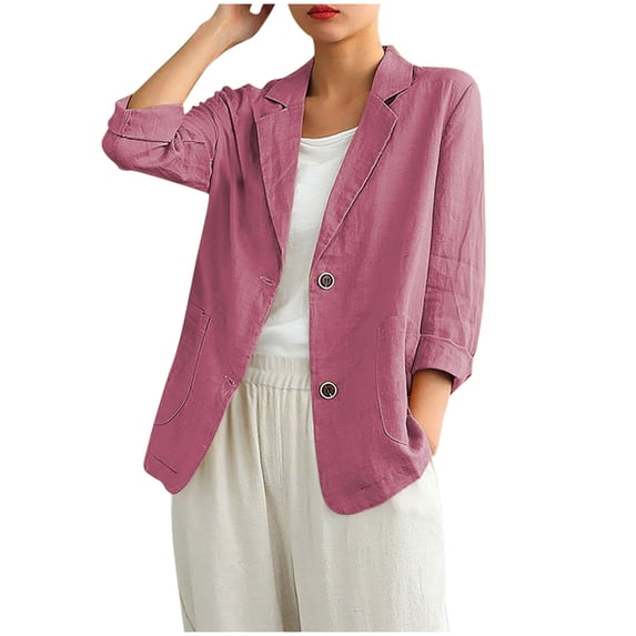 Wyobmus Summer Linen Blazer for Women Lightweight 3/4 Stretchy Ruched Sleeve V Neck Casual 2 Button Blazer Jacket With Pockets M-3X Red