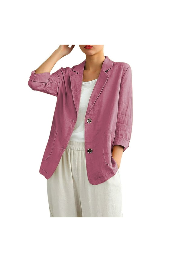 Summer Linen Blazer for Women Lightweight 3/4 Stretchy Ruched Sleeve V Neck Casual 2 Button Blazer Jacket With Pockets M-3X Red