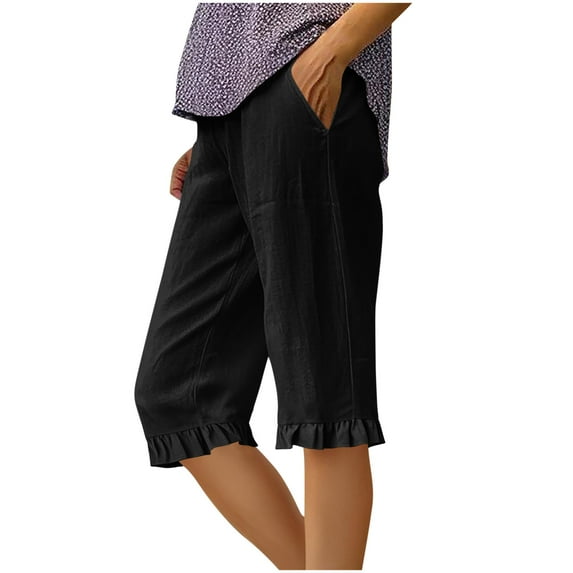 Wyobmus Womens Linen Shorts Summer Below Knee Length Short Solid Color Loose Straight Fit Shorts Ruffle Hem Casual Shorts With Pocket Black