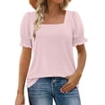 thumbnail image 1 of Wyobmus Summer Tops for Women Casual Ruffle Trim Sleeve Tops Loose Fit Striped Print Short Sleeve Square Neck T Shirts B-Pink, 1 of 7