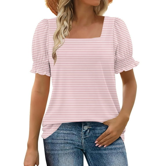Wyobmus Summer Tops for Women Casual Ruffle Trim Sleeve Tops Loose Fit Striped Print Short Sleeve Square Neck T Shirts B-Pink