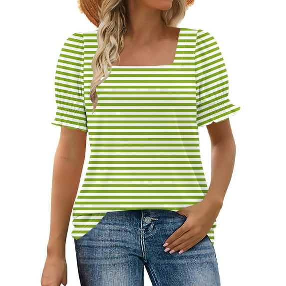 Wyobmus Summer Tops for Women Casual Ruffle Trim Sleeve Tops Loose Fit Striped Print Short Sleeve Square Neck T Shirts C-Green