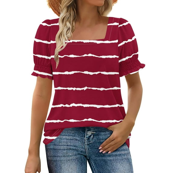 Wyobmus Summer Tops for Women Casual Ruffle Trim Sleeve Tops Loose Fit Striped Print Short Sleeve Square Neck T Shirts D-Burgundy
