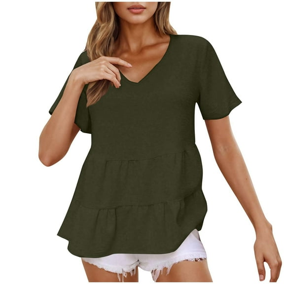 Wyobmus Summer Tops for Women V-Neck Runched T Shirts Casual Short Sleeve Tunics Loose Fit Basic Tee Tshirt Olive Green