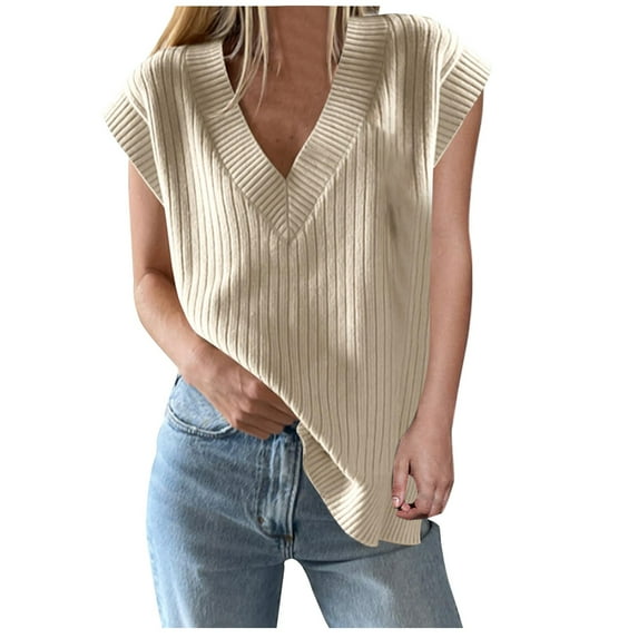 Wyobmus Sweaters for Women Casual New V-Neck Sleeveless Pullover Shirt Fashion Loose Knitted Sweater Beige