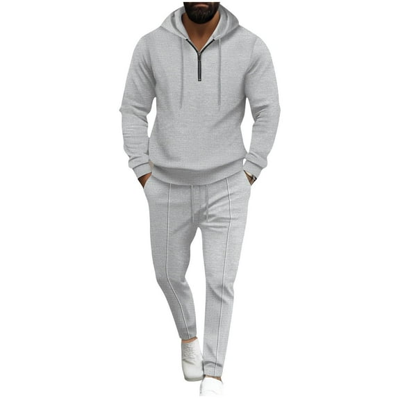 Wyobmus Sweatsuits for Men 2 Pieces Waffle Hoodies Tracksuit Jogging Suits Casual Solid Long Sleeve Hoodies With Weatpant Gray