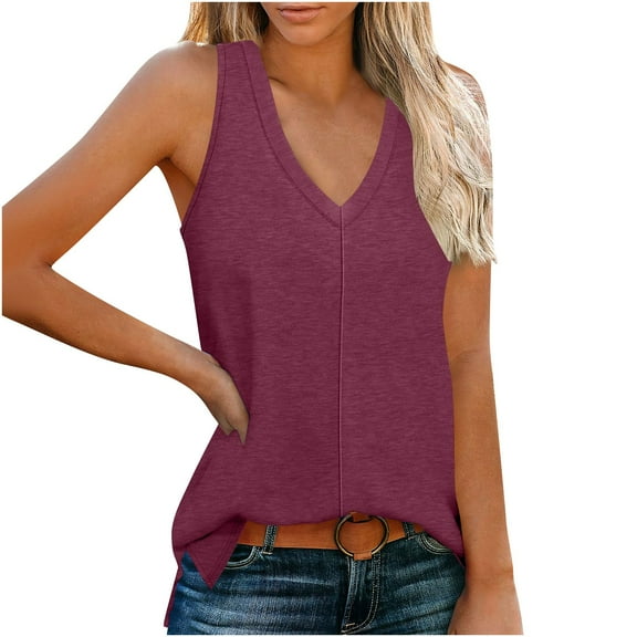 Wyobmus Tank Tops for Women 2025 Sleeveless V Neck Side Slit Summer Causal Tops Loose Fit Basic Flowy Cute Long Shirts S-2X Burgundy