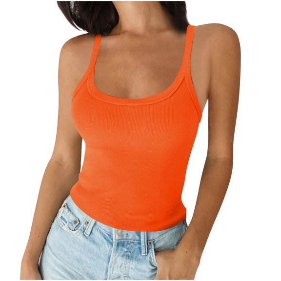 Wyobmus Tank Tops for Women Sleeveless Fitted Tank Shirts Spaghetti Straps form Fitting Scoop Neck Ribbed Knit Basic Cami Shirts Xs-2X Orange