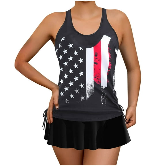 Wyobmus Tankini Swimsuits for Women Plus Size Modest Two Piece Tummy Control Bathing Suit With Skirt Printing Vintage Swimdress S-5Xl E-Black