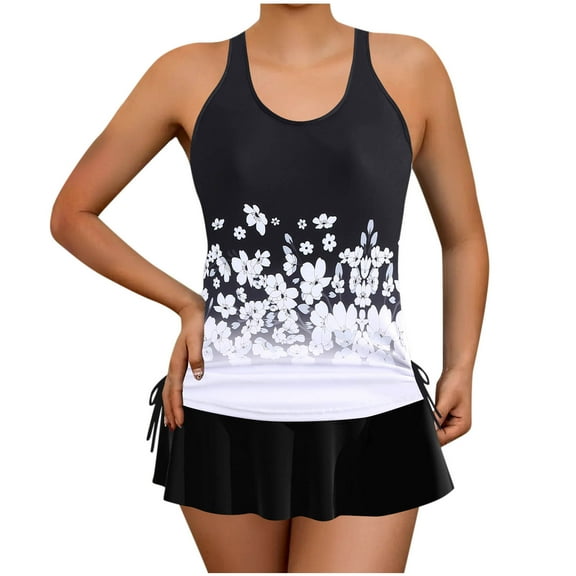 Wyobmus Tankini Swimsuits for Women Plus Size Modest Two Piece Tummy Control Bathing Suit With Skirt Printing Vintage Swimdress S-5Xl H-White