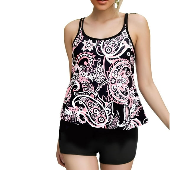 Wyobmus Tankini Swimsuits for Women Two Piece Bathing Suits Printed Tankini Top With Boyshorts Tummy Control Swimwear A-Pink