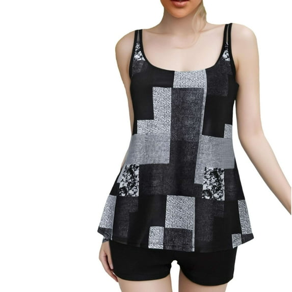 Wyobmus Tankini Swimsuits for Women Two Piece Tummy Control Bathing Suit High Waist Printing Padded Swim Dress With Boyshorts C-Gray