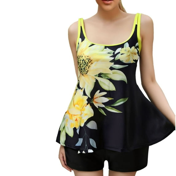Wyobmus Tankini Swimsuits for Women Two Piece Tummy Control Bathing Suit High Waist Printing Padded Swim Dress With Boyshorts F-Yellow