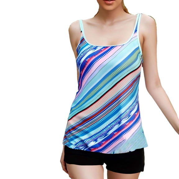 Wyobmus Tankini Swimsuits for Women Two Piece Tummy Control Bathing Suit High Waist Printing Padded Swim Dress With Boyshorts L-Blue