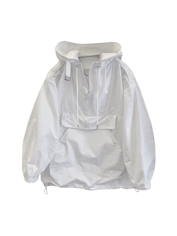 Unisex Windbreaker Jackets Casual Solid Half Zipper Cargo Coat Outdoor Loose Long Sleeve Jacket White