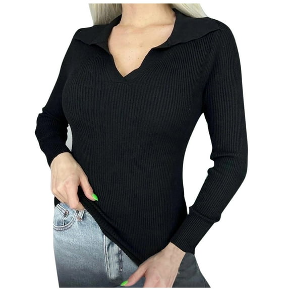 Wyobmus V Neck Sweaters for Women Casual Long Sleeve Flip Collar Pullover Solid Color Knitted Stripe Baselayer Sweaters Tops A-Black
