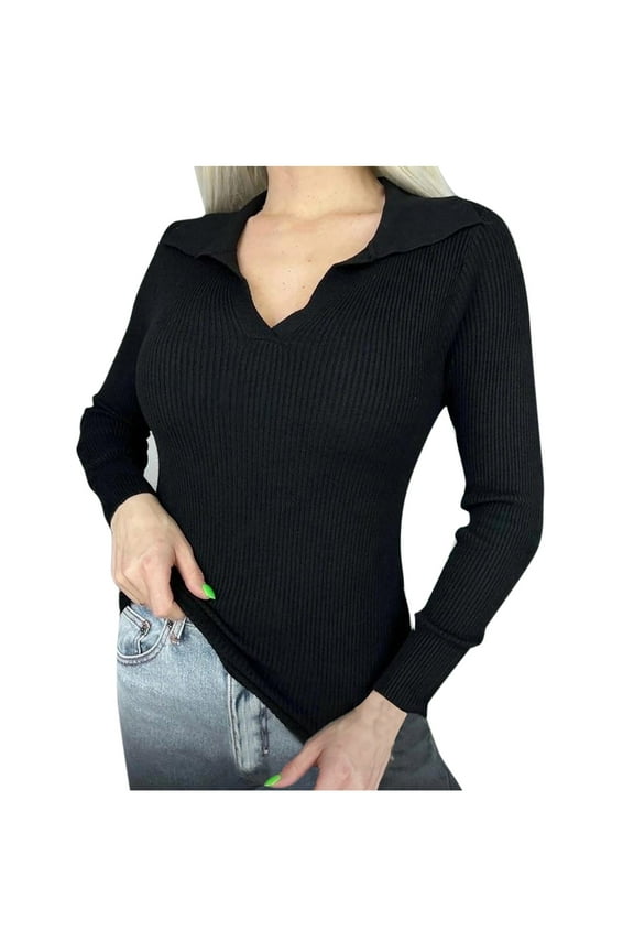 V Neck Sweaters for Women Casual Long Sleeve Flip Collar Pullover Solid Color Knitted Stripe Baselayer Sweaters Tops A-Black