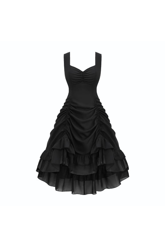 Victorian Gothic Dress for Women Spaghetti Strap Tiered Ruffle Ruched Dress High Low Corset Dress Renaissance Victorian Steampunk Halloween Dress Black