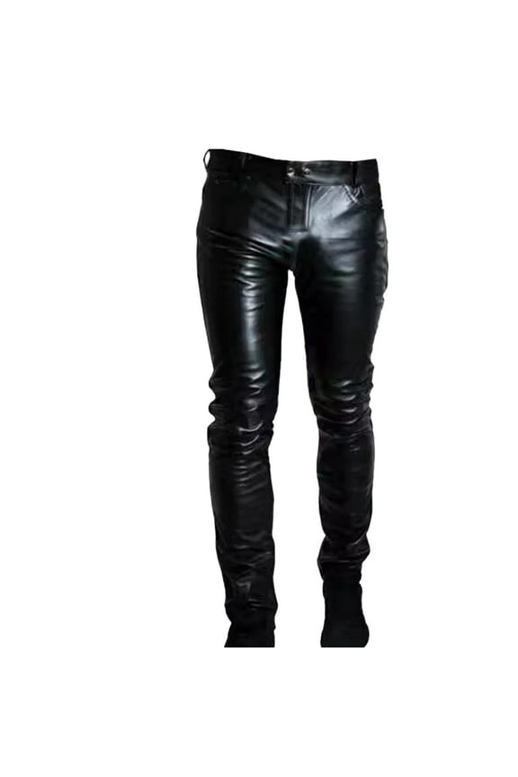 Western Retro Faux Leather Pants for Men Fashionable Solid Color Zipper Pocket Casual Vintage Pants Leather Pants Black