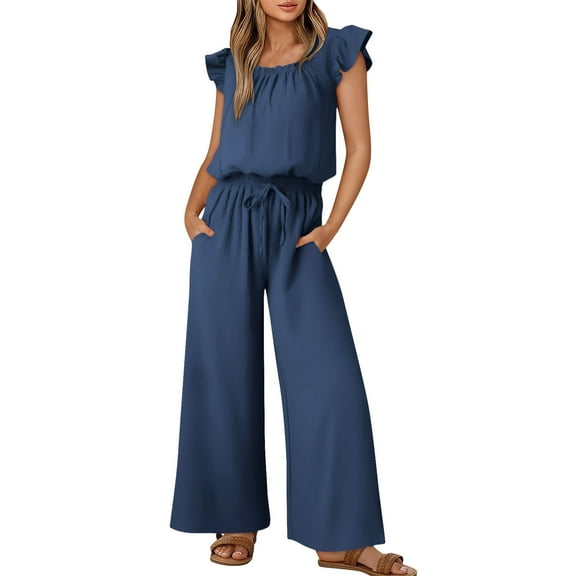 Wyobmus Wide Leg Jumpsuits for Women 2025 Summer Outfit Rompers Ruffle Cap Sleeves Crew Neck Rompers Drawstring Pleated Overalls With Pockets Navy