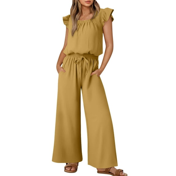 Wyobmus Wide Leg Jumpsuits for Women 2025 Summer Outfit Rompers Ruffle Cap Sleeves Crew Neck Rompers Drawstring Pleated Overalls With Pockets Yellow