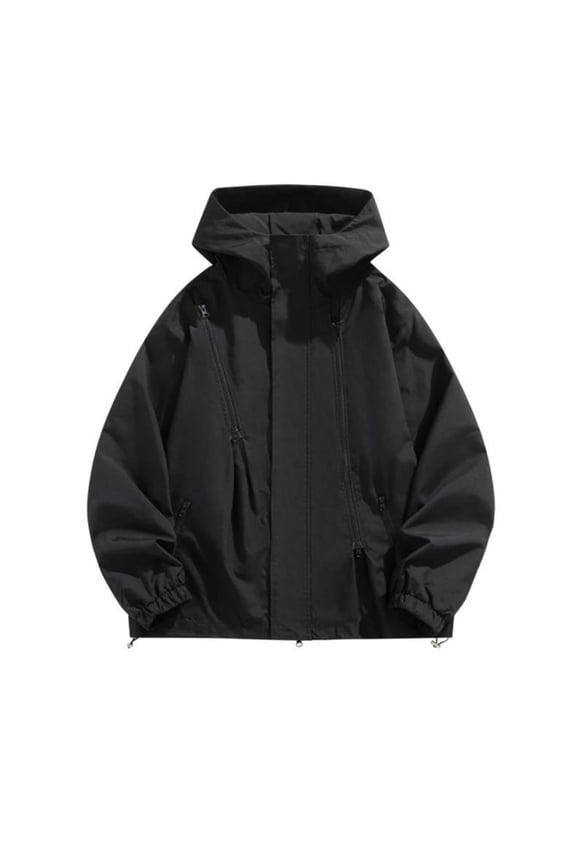 Windbreaker Jackets for Men Solid Color Waterproof Drawstring Pockets Hooded Outdoor Jacket Coat Black