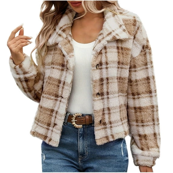 Wyobmus Winter Crop Coats for Women Button Down Plaid Flannel Shirts Long Sleeve Warm Sherpa Fleece Jacket Khaki