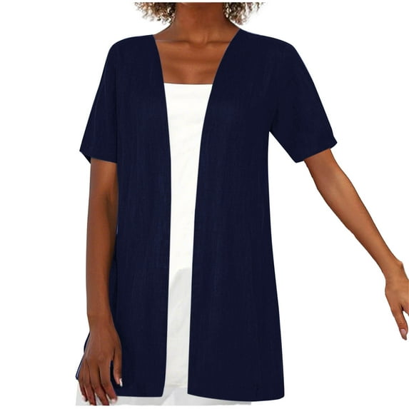 Wyobmus WoMen's Lightweight Open Front Cardigans Casual Short Sleeve Cotton Linen Blouse Tops Loose Beach Flowy Hem Cover Up S-2X Blue