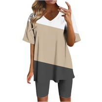 Wyobmus Women 2 Piece Short Outfits Set Color Blocked Half Sleeve V Neck T Shirt Biker Shorts Loose Fit Workout Tracksuit A-Khaki