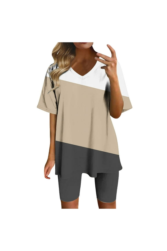 Women 2 Piece Short Outfits Set Color Blocked Half Sleeve V Neck T Shirt Biker Shorts Loose Fit Workout Tracksuit A-Khaki