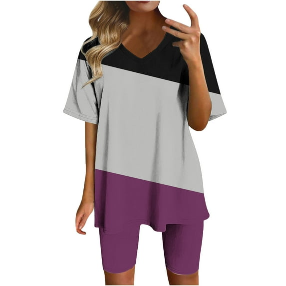 Wyobmus Women 2 Piece Short Outfits Set Color Blocked Half Sleeve V Neck T Shirt Biker Shorts Loose Fit Workout Tracksuit A-Purple