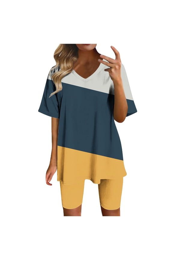 Women 2 Piece Short Outfits Set Color Blocked Half Sleeve V Neck T Shirt Biker Shorts Loose Fit Workout Tracksuit A-Yellow