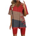 thumbnail image 1 of Wyobmus Women 2 Piece Short Outfits Set Color Blocked Half Sleeve V Neck T Shirt Biker Shorts Loose Fit Workout Tracksuit B-Red, 1 of 6