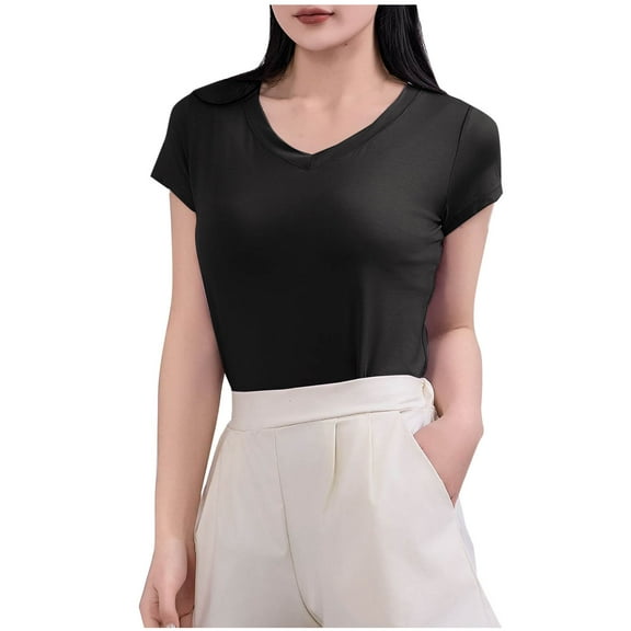 Wyobmus Women Basic T Shirt Casual Short Sleeve Basic Going Out Tops Slim Fitted V-Neck Tight T Shirts Blouse B-Black