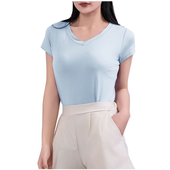 Wyobmus Women Basic T Shirt Casual Short Sleeve Basic Going Out Tops Slim Fitted V-Neck Tight T Shirts Blouse B-Light Blue