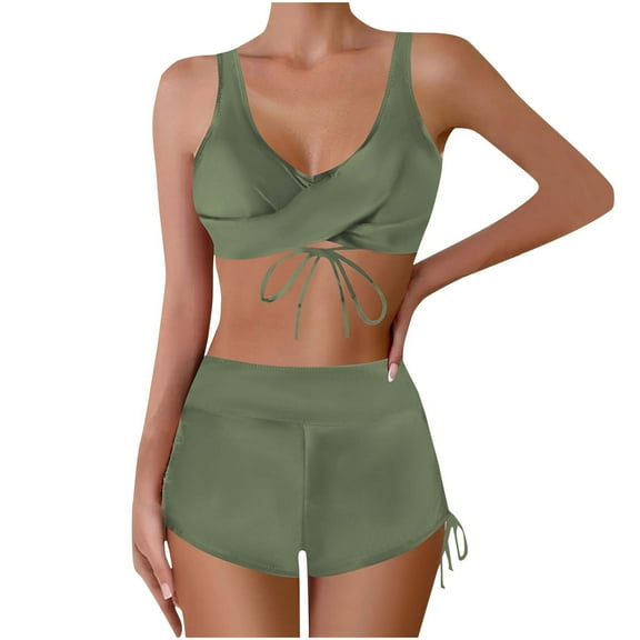 Wyobmus Women Bikini Swimsuit Tummy Control 2 Piece Swimwear V Neck Lace Tie Beachwear Twist Front Solid Bathing Suit A-Green