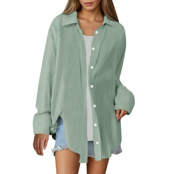 Wyobmus Women Button Down Shirts Long Sleeve Curve Hem Cotton Blouses V Neck Collared Casual Tunics Solid Color Oversized Tops with Pockets Mint Green