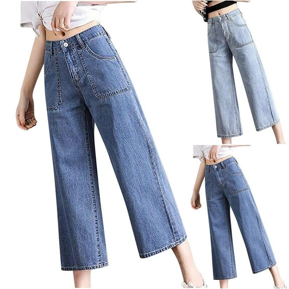 Wyobmus Women Capri Jeans High Waisted Wide Leg Jeans Strechy Loose Straight Cropped Denim Pants with Pockets Fall Fashion Trendy Trousers Blue