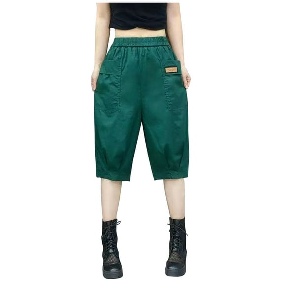 Wyobmus Women Cargo Capri Pants Loose Fit Casual Knee Length Hiking Pants Lightweight Elastic High Waist Cropped Pants Size 2X-5X Green