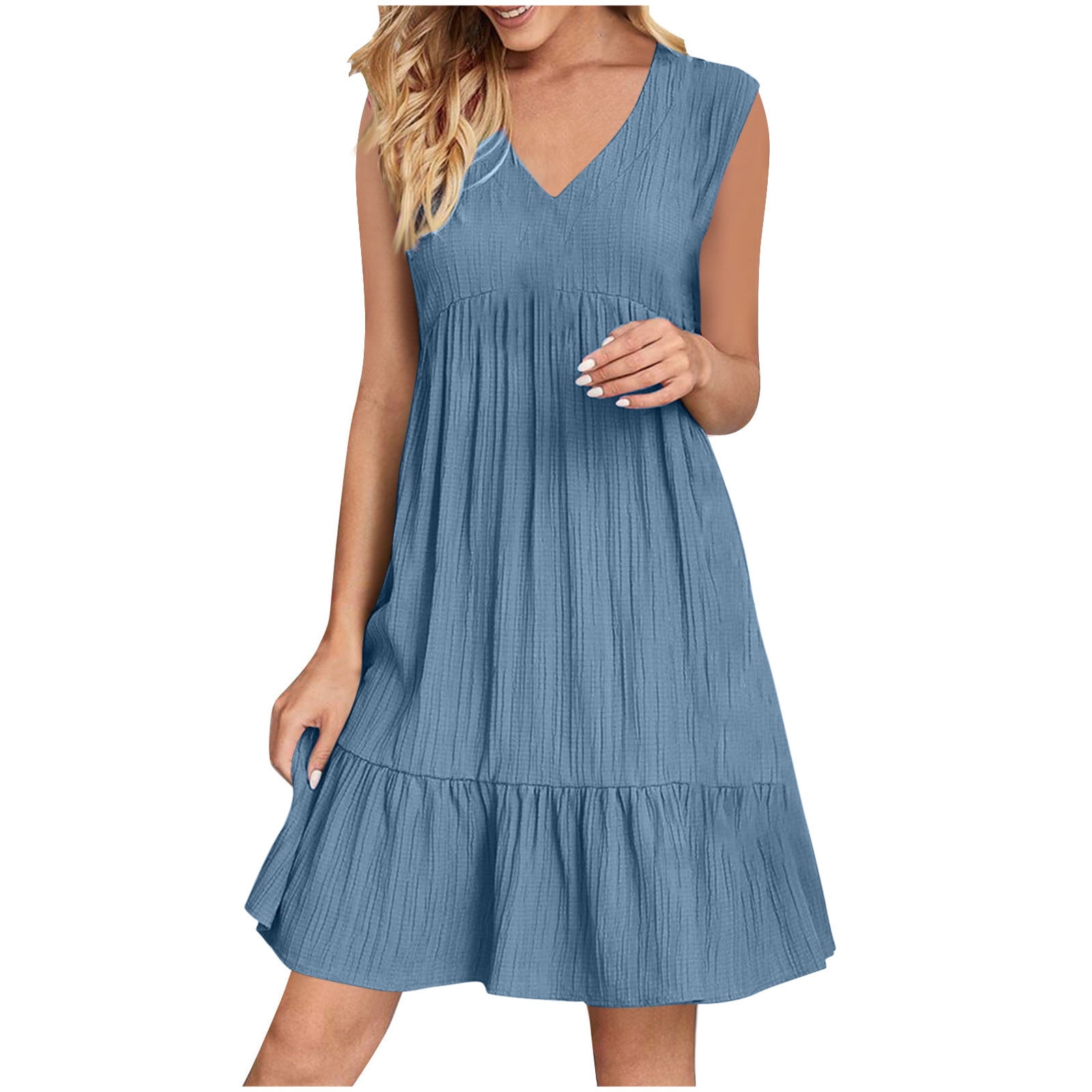 Wyobmus Women Casual Dress Wrinkled V Neck Sleeveless With Pocket Midi — free download