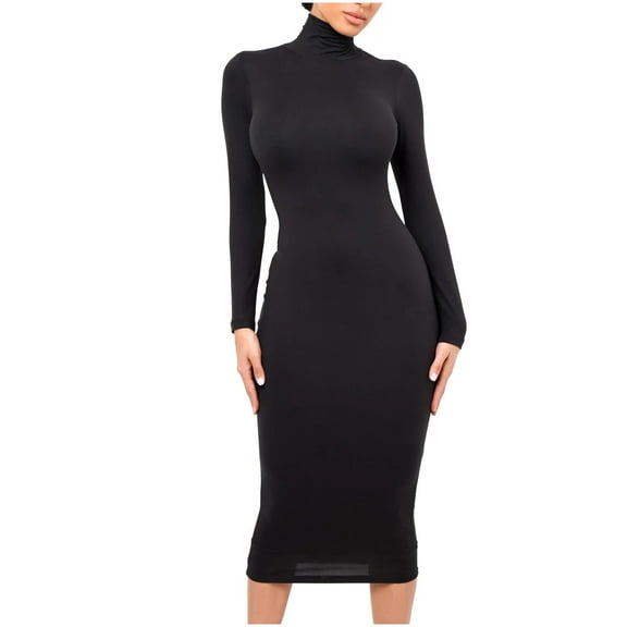 Wyobmus Women Casual Long Sleeve Maxi Dress Solid Color Turtleneck Bodycon Long Dress Fall Winter Thickened Wrapped Dress A-Black