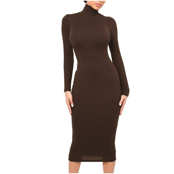 Wyobmus Women Casual Long Sleeve Maxi Dress Solid Color Turtleneck Bodycon Long Dress Fall Winter Thickened Wrapped Dress A-Coffee