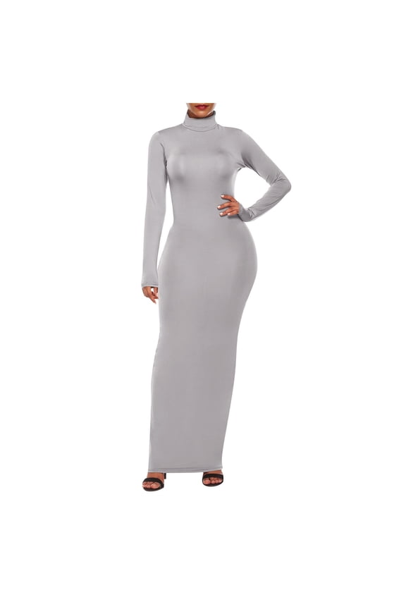 Women Casual Long Sleeve Maxi Dress Solid Color Turtleneck Bodycon Long Dress A-Gray