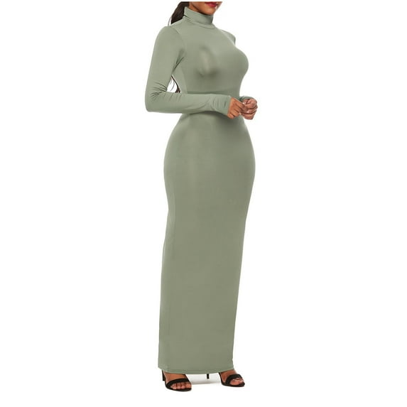 Wyobmus Women Casual Long Sleeve Maxi Dress Solid Color Turtleneck Bodycon Long Dress B-Green
