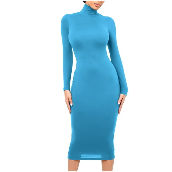 Wyobmus Women Casual Long Sleeve Maxi Dress Solid Color Turtleneck Bodycon Long Dress Fall Winter Thickened Wrapped Dress A-Blue